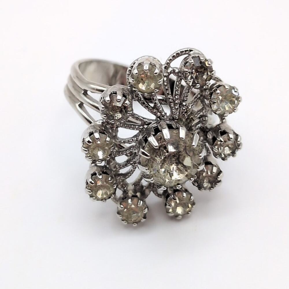 Vintage MCM Star Burst Filigree Clear Rhinestone Silver Tone Adjustable Ring